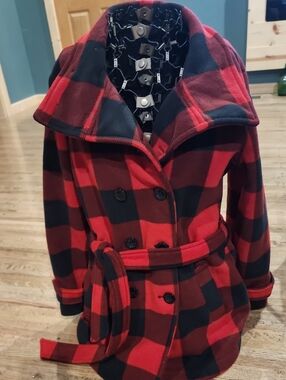 Ike Behar Red and Black Plaid Belted Pea Coat